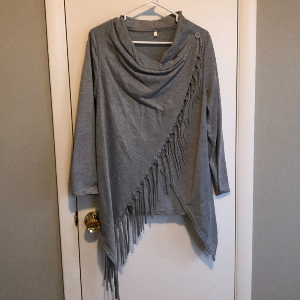 Gray fringe wrap top